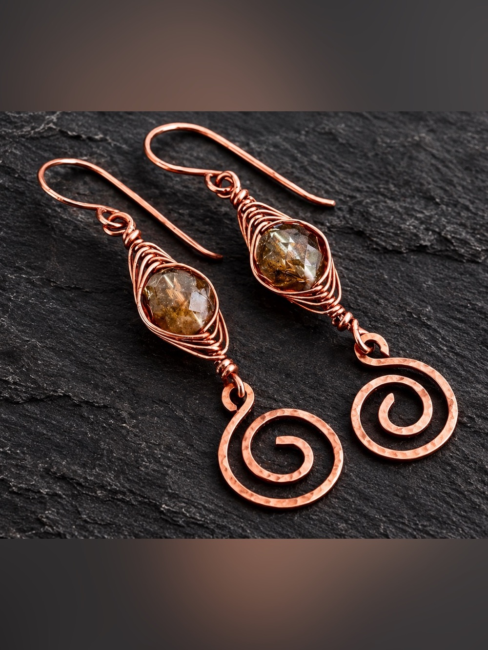 Magical faceted, citrine wire wrapped statement earrings in solid copper